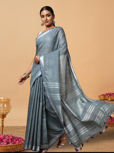 Smoky Slub Linen Hand Dyed Gray & Blue Saree