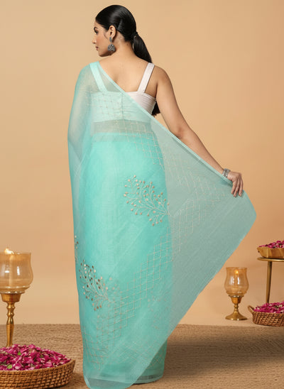 Kota Doria Cotton Bel Embroidery Saree Sea Green Handdyed