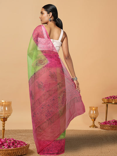 Vibrant Kota Doria Blockprinted Green & Pink Saree