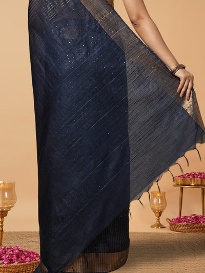 Striped Kota Slub Sequence Pallu Saree Hand Dyed Navy Blue