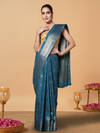 Silkmark Certified Tussar Moonga Banarasi Silk Saree Blue Color with running blouse-Indiehaat