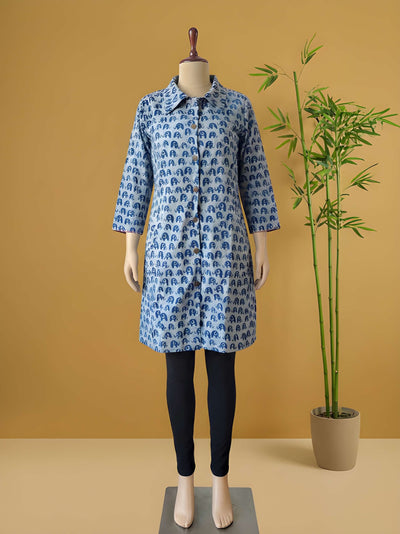 Avaran Roop Pure Cotton Blockprint Winter Jacket Light Blue