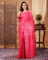 Silkmark Certified Gichcha Tussar Handloom Hand Dyed Red Plain Saree with Running Blouse-Indiehaat