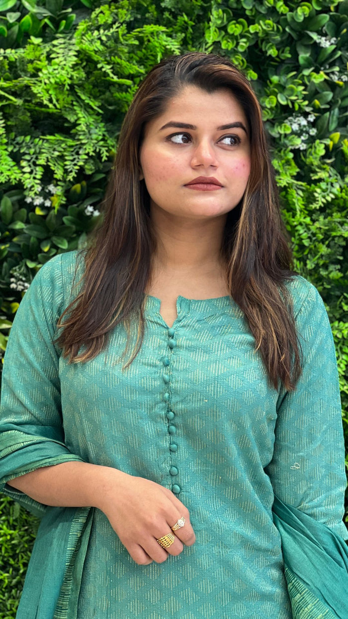 Handcrafted Katan Silk Green Suit Piece with Bottom and Dupatta