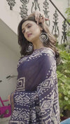 Kota Silk Saree Indigo Color Batik Print with running blouse - IndieHaat