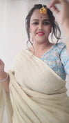 Pure Tissue Linen Hand Dyed Saree Off White Color with running blouse-Indiehaat