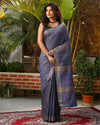Silkmark Certified Gichcha Tussar Handloom Hand Dyed Blue Saree with Contrast Blouse-Indiehaat