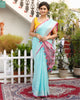 Pure Linen Floral Embroidered Sky Blue Saree with Embroidered Blouse-Indiehaat