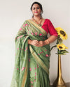 Silk Linen Embroidered Handloom Bottle Green Saree with Blouse-Indiehaat