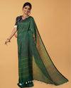 Pure Linen Weaving Design Kantha Work Saree Spectra Green Colour with Kantha Blouse-Indiehaat