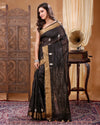 Silk Linen Handloom Black Saree with Blouse Buta weaving and running blouse-Indiehaat