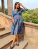 Pure Cotton Ikkat Dress Picton Blue Colour (Size XXS(32) to Plus Size(56))-Indiehaat
