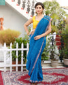 Pure Linen Saree Blue Color Contrast Striped Pallu With Running Blouse-Indiehaat