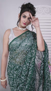 Indiehaat | Tepchi Handwork Georgette Saree Dark Green