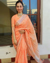 Pure Linen Embroidered Handloom Warm Orange Saree with Running Blouse Handcrafted-Indiehaat