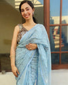 Pure Linen Embroidered Handloom Light Blue Saree with Running Blouse-Indiehaat