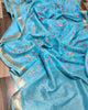 Silk Linen Embroidered Handloom Light Blue Saree with Running Blouse-Indiehaat
