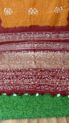 IndieHaat | Slub Linen Orange&Red Saree Batik Print Running Blouse Ajrakh Dabu