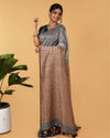 Pure Linen Weaving Design Kantha Work Grey Saree with Kantha Blouse-Indiehaat