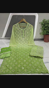 Georgette Kurti Green Color Chikankari Ombre Mirror Work with Dupatta, Bottom and Inner - IndieHaat