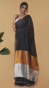 Silk Linen Plain Saree Black Color with contrast border and attached Running Blouse-Indiehaat