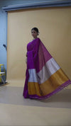Silk Linen Plain Saree Deep Purple Color with contrast border and attached Running Blouse-Indiehaat