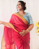 Handwoven Pure Linen Red Saree with Blouse-Indiehaat