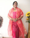 Kota Doria Red Suit Material Hand Dyed with Zari Border Pink Dupatta-Indiehaat