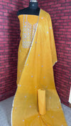 Indiehaat | Pure Linen Embroidered Suit Piece Mustard Yellow Color (Top+Dupatta) With Linen Bottom