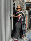 Handwoven Pure Linen Black Saree with Blouse-Indiehaat