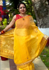 Indiehaat | Kota Cotton Jugnu Checks Gota Patti Yellow Saree