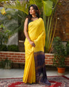 Silkmark Certified Gichcha Tussar Handloom Hand Dyed  Yellow Saree with Blouse-Indiehaat
