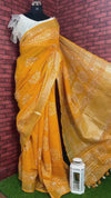 Slub Linen Batik Print Saree Mustard Yellow Color with running blouse - IndieHaat