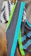 Handloom Mark Patteda Anchu Charcoal Cotton Saree Jet Gray