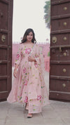 Organza Stitched Suit Light Peach Color Hand painted - IndieHaat