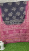 Indiehaat | Kota Cotton Pink & Dark Navy Blue Saree Hanblock printed running blouse Bagru Ajrakh Dabu