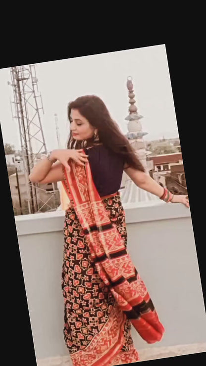 6421-Chanderi Masrise/Mercerised Cotton Silk Patola Print Saree Fire Brick Red Colour with Running Blouse