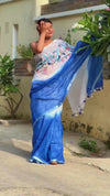 Shop Pure Linen Saree Online with Hand Embroidered, White & Blue Combo