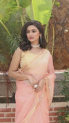 Pure Silk Kota Doria Saree Peach Color allover Hand Pitta work with running blouse - IndieHaat