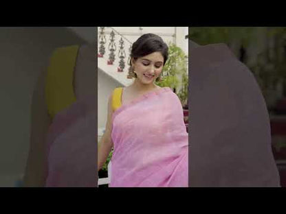 3112-Pure Linen Pink Saree Contrast Striped Pallu With Running Blouse