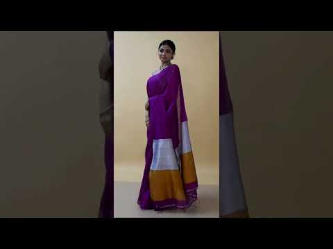 Silk Linen Plain Saree Blue Colour with contrast border and