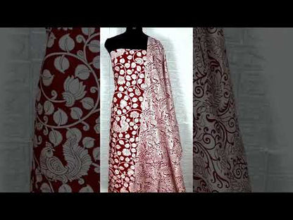 3494-Katan Silk Printed Suit Piece Dark Red Color with Bottom and Dupatta Handcrafted