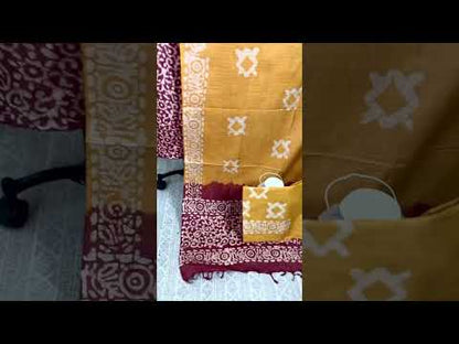 2752-Khadi Cotton Batik Handblock Print Red Suit Piece with Bottom and Dupatta