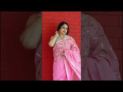 Color-Rich Pure Linen Handloom Saree Pink Embroidered