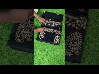 Chanderi Cotton Saree Handblock Print Black