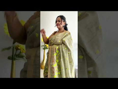 Banswara Silk Saree Pale Olive Green Lotus Embroidery