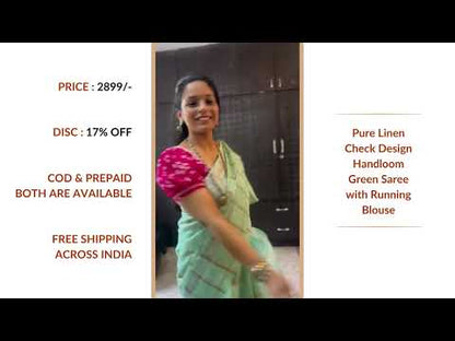 Pure Linen Check Design Handloom Green Saree