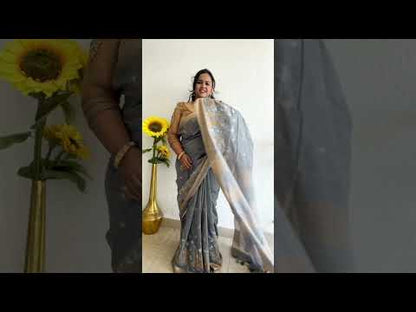 Banswara Silk Saree Grey Lotus Embroidery