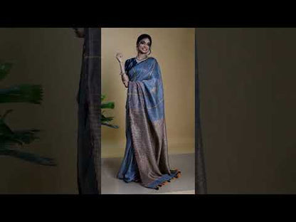 7032-Pure Linen Weaving Design Kantha Work Grey Color Saree with Kantha Blouse