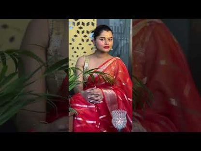 3741-Organza Pure Banarasi Silk Saree With Striped body running blouse Red Color